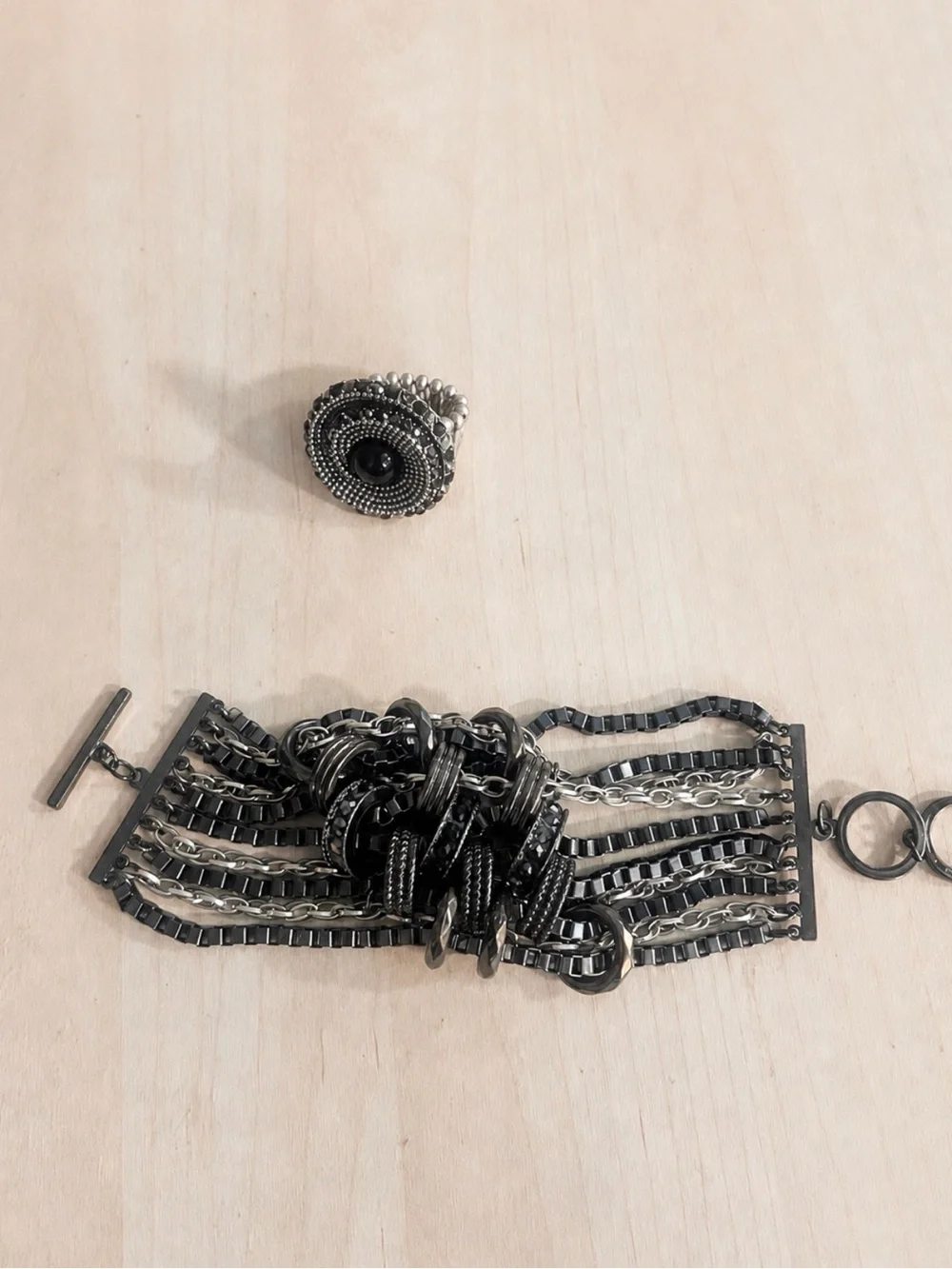 Sterling-Tone Multi-Chain Statement Bracelet and a black elastic band  ring
